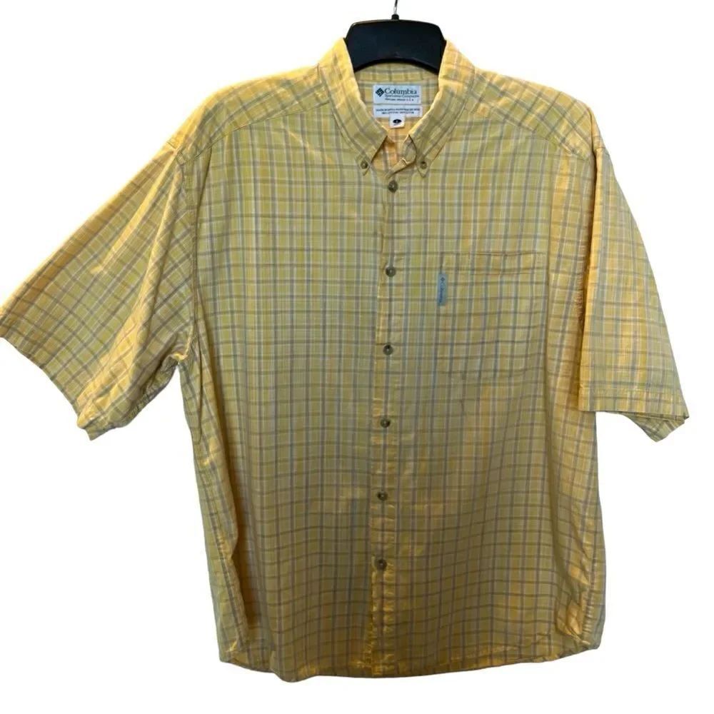 Columbia Men's Short Sleeve Button Down Shirt Yellow/Gray Plaid Size Large